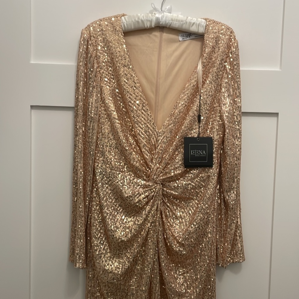 Mac Duggal Champagne Sequin High-Low Twist Front Gown - Picture 12 of 16